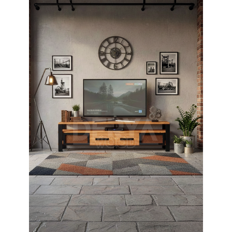 İron Doğal Ahşap Demir 4 Çekmeceli Tv Sehpası