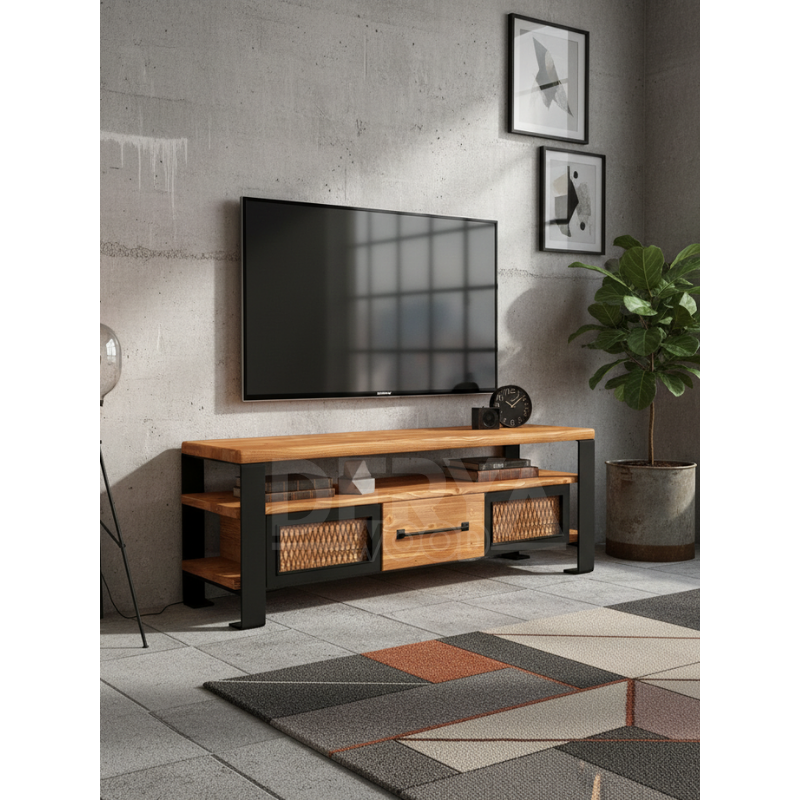 İron Masif Ahşap Demir Çekmeceli Tv Ünitesi