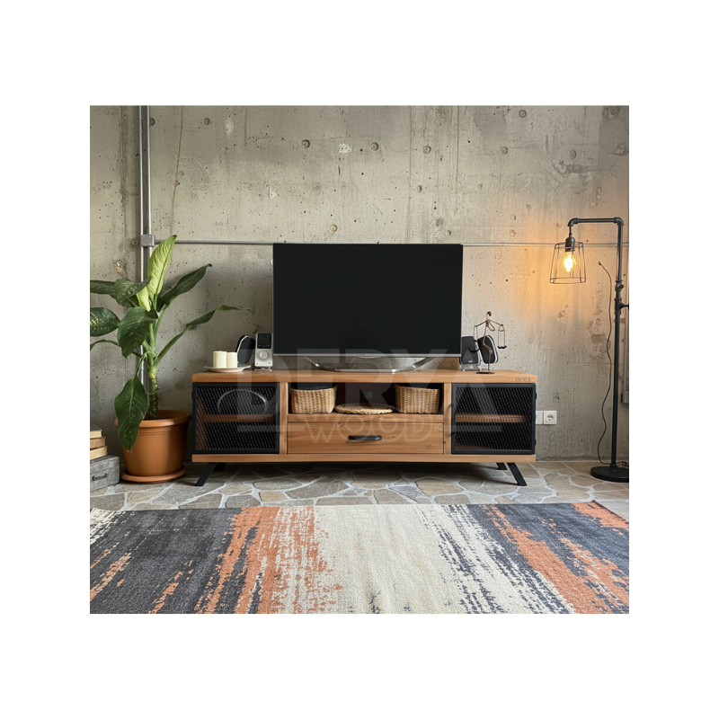 Style Masif Ahşap Demir Kapaklı Tv Ünitesi