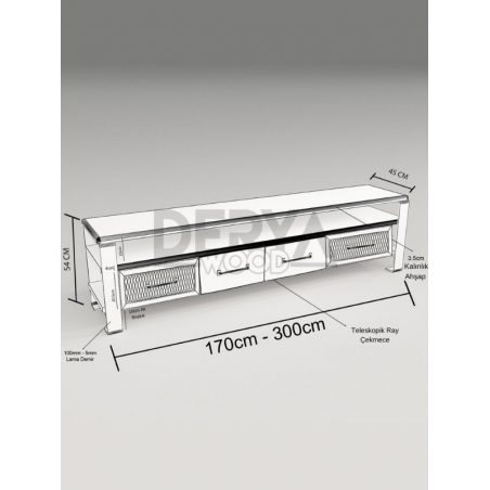 İron Doğal Ahşap Demir 4 Çekmeceli Tv Sehpası-Gri Ayak